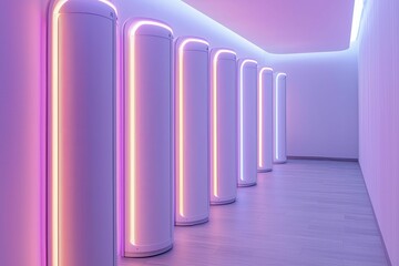 Fototapeta premium AI-driven health assessment booths use real-time data to suggest personalized fitness regimens, illuminated by dynamic, colorful lighting.