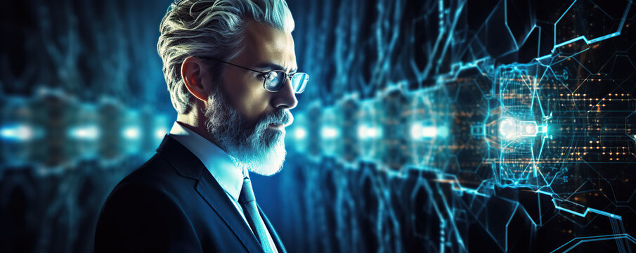A thoughtful man in a suit contemplating technology against a futuristic interface at night - Powered by Adobe