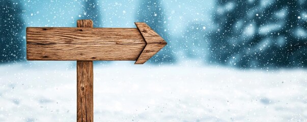 Naklejka premium A wooden directional sign in a snowy landscape, surrounded by pine trees, suggesting adventure and exploration in winter. Perfect for travel themes.