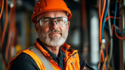 A confident construction worker wearing an orange hard hat and safety glasses stands amidst colorful electrical wires. His expression reflects pride in his work and dedication to safety
