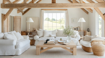 Fototapeta premium A cozy living room featuring bright, airy design with white sofas, wooden beams, and natural light streaming through large windows. space exudes warmth and tranquility