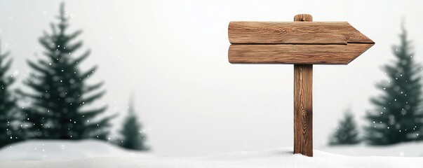 Fototapeta premium A wooden signpost in a snowy landscape with evergreen trees, conveying a sense of direction and adventure in a winter wonderland.