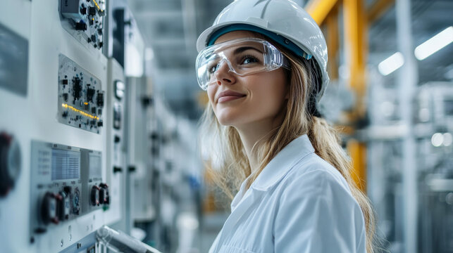 A woman in white lab coat and safety gear is focused on machinery in an industrial setting, showcasing her dedication and professionalism