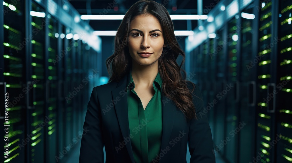 Poster a female engineer stands confidently with her arms crossed in front of a vast data center filled wit