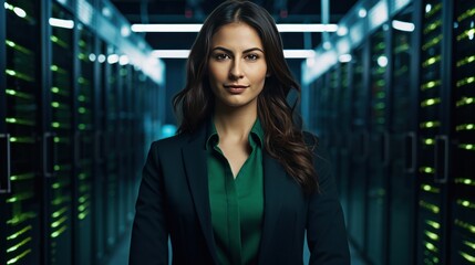 A female engineer stands confidently with her arms crossed in front of a vast data center filled with rows of blinking servers and cables
