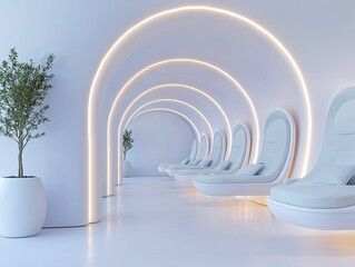 Obraz premium Futuristic community wellness hubs feature immersive environments with dynamic lighting to promote social health.
