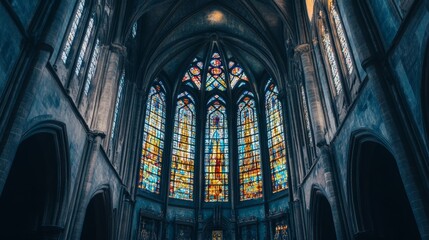 Gothic cathedral with stunning stained glass windows background