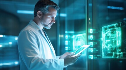 A focused doctor in a white coat stands in a modern clinic, interacting with a tablet that projects a vibrant holographic interface displaying patient data.