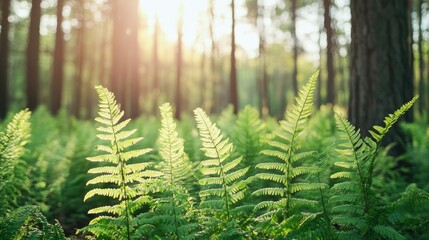 Green ferns in sunlight forest background