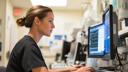 A focused healthcare professional works diligently at computer in medical environment, analyzing patient data and monitoring vital signs. atmosphere reflects dedication and precision in patient care
