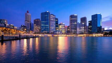 Fototapeta premium Vibrant City Skyline at Dusk Over Calm Waters