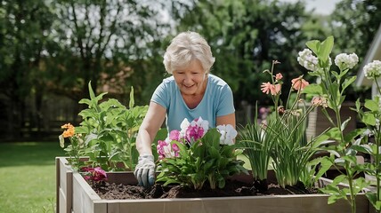 Senior Woman Enjoying Gardening in Backyard, Smiling as She Plants Flowers in Raised Garden Bed