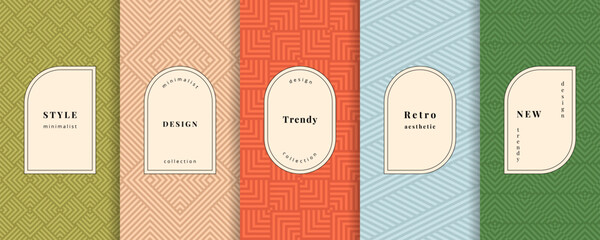 Vector geometric seamless patterns. Set of trending designs, abstract backgrounds with elegant minimal labels, frames. Abstract retro modern style line ornament textures. Geo design for print, decor