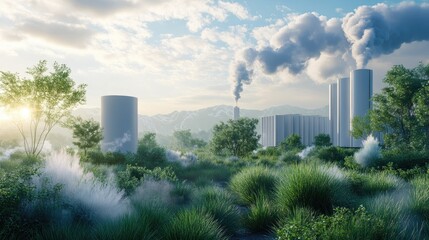 Greenhouse gas reduction, air-cleaning technology in landscape, 3D illustration 