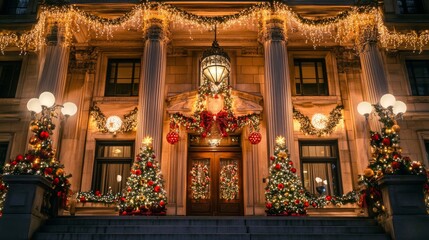 Fototapeta premium Historic building adorned with lights and festive ornaments for New Year background