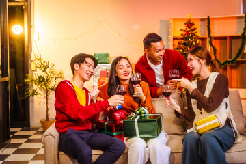 Lively Friday night New Year party with Asian friends, middle-aged and young adults, celebrating with champagne, wine, gifts, and food. A cozy, festive indoor gathering filled with joy and cheer.