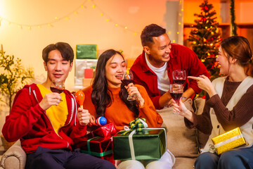 Lively Friday night New Year party with Asian friends, middle-aged and young adults, celebrating with champagne, wine, gifts, and food. A cozy, festive indoor gathering filled with joy and cheer.