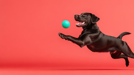 A playful black dog leaps joyfully in pursuit of bright green ball against vibrant red background, capturing essence of fun and energy