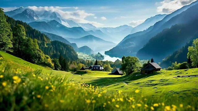 a green valley with mountains in the background