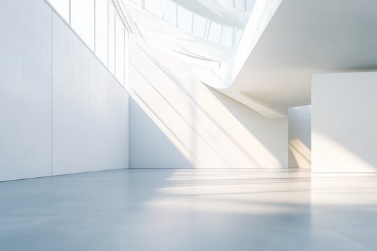 Blank white wall mockup in sunny modern empty gallery, 3d rendering. Clear big stand mock up in museum with contemporary art exhibitions. Large hall interior with wide banner exposition template. 