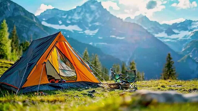 a tent  and  a backpack  in the mountains
