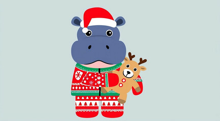 Fototapeta premium A cheerful hippo in a festive sweater and Santa hat holds a reindeer toy, embodying a whimsical holiday spirit.