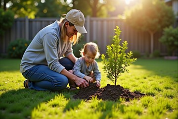 Family planting a tree in the backyard together