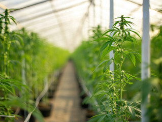 Naklejka premium Vibrant cannabis plants thrive in a lush greenhouse during golden hour