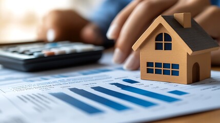 Fototapeta premium A wooden house model on financial documents with a calculator, indicating real estate analysis.