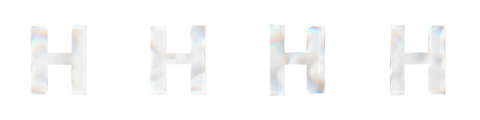 Set of 4 3d letter H with glass distortion effect isolated on a transparent background. 3d transparent elements for graphic design.