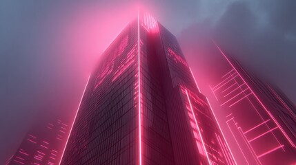 Futuristic skyscraper with glowing edges and overlayed digital lines, representing high-tech business