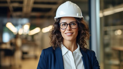 a charming female architect with a warm, steady smile, wearing professional attire and glasses. Her hair is styled neatly,