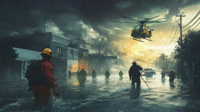 RESCUERS IN FLOODED AREA