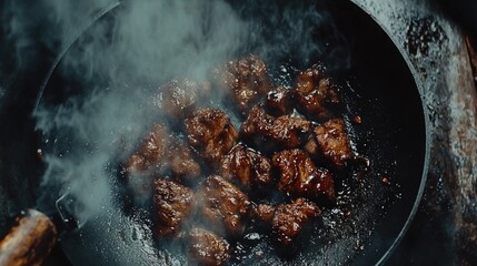 Sizzling Meat Cooking in a Pan with Smoke Effects
