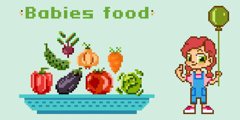 Baby food postcard in pixel art style with an image of a girl standing next to a plate of vegetables. Tomato, cucumber, cabbage,eggplant,pepper, carrot, onion. Vitamins, healthy food.