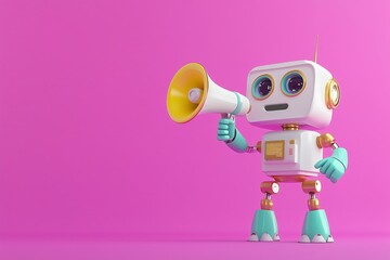 cute retro pastel-colored robot holding up a megaphone on a pink background, with copy space, neon lighting, cyber monday, black friday