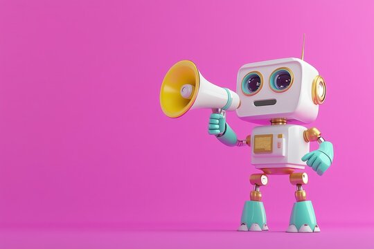 cute retro pastel-colored robot holding up a megaphone on a pink background, with copy space, neon lighting, cyber monday, black friday