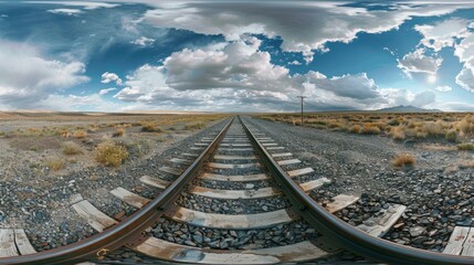 Obraz premium Panoramic desert view with train tracks, utility poles, and distant mountains under a vast sky. Image conveys solitude and vastness of desert landscape.
