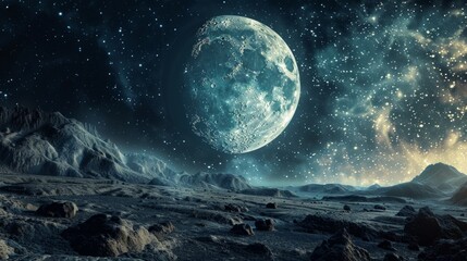 A serene night scene with a large gray moon, stars, and dark mountains below, creating a tranquil atmosphere for contemplation and connection with the universe.