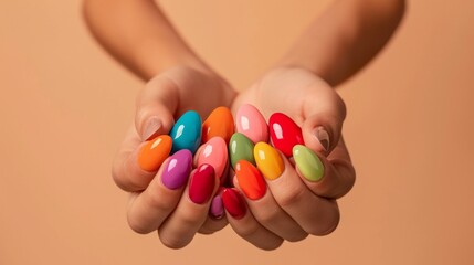 Woman's hands hold colorful gel nail polish bottles in a vibrant display against an orange backdrop.