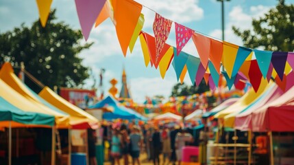 Outdoor festival scene with colorful tents and vibrant activities background