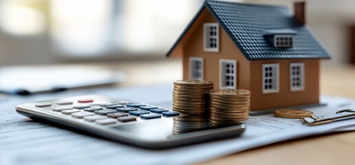 A calculator, a toy house, and coins representing homeownership expenses.