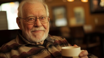 A man wearing glasses and sporting a beard is holding a warm cup of coffee