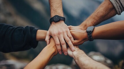Diverse group holding hands on mountain top, [unity in success], [representation of collaboration and team achievement] 