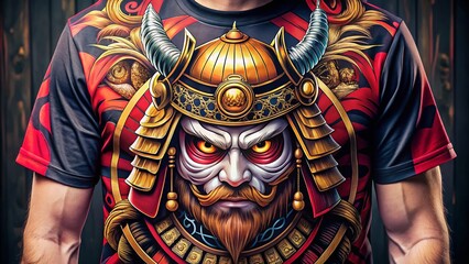 Daruma Samurai Gold Helmet T-Shirt Design - Japanese Artwork Vector Illustration for Fashion Photography, Unique Graphic Tee, Martial Arts, Cultural Symbolism, Modern Aesthetics
