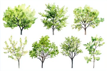 Obraz premium Set of watercolor green tree isolated on white background for landscape and architecture drawing, elements for environment and garden, botanical for section in spring 