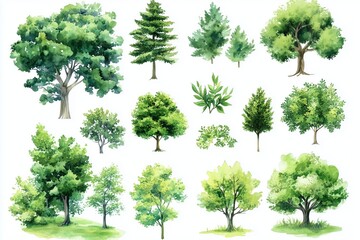 Obraz premium Set of watercolor green tree isolated on white background for landscape and architecture drawing, elements for environment and garden, botanical for section in spring 