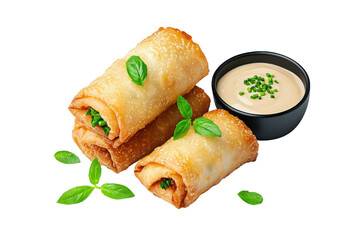 Crispy Spring Rolls with Dipping Sauce on White Background