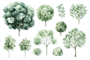 Set of watercolor green tree isolated on white background for landscape and architecture drawing, elements for environment and garden, botanical for section in spring 