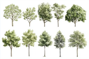 Set of watercolor green tree isolated on white background for landscape and architecture drawing, elements for environment and garden, botanical for section in spring 